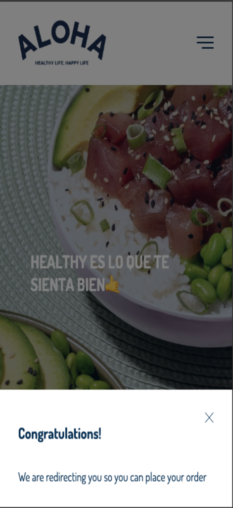 Pantalla de la app Aloha Poke que muestra un bol de poké de atún con un mensaje de felicitación por la redirección del pedido