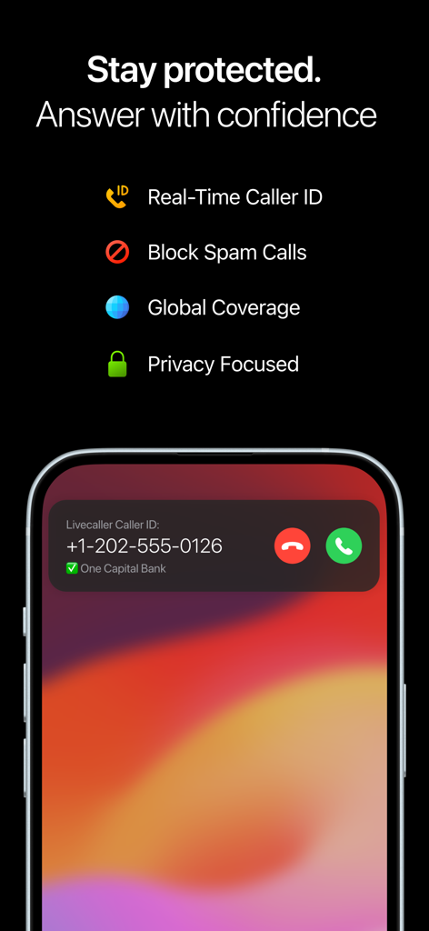 Livecaller: Live Caller ID - Captura de pantalla de la aplicación Livecaller que muestra la identificación de llamadas en tiempo real y las funciones de bloqueo de spam en un iPhone.