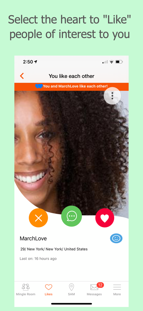 SinglesAroundMe app screen showing a mutual match and user profile in New York.