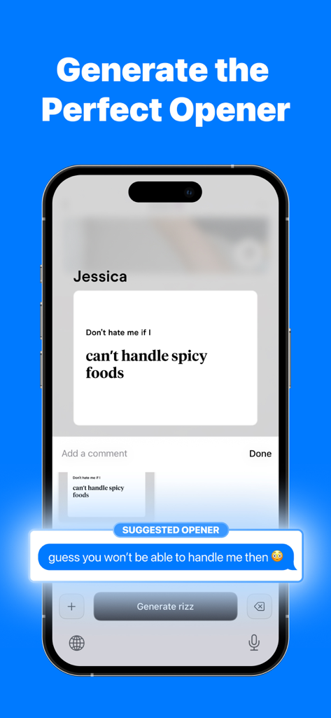 Cupidly. - Screenshot of Cupidly app showing an AI-generated dating opener based on a user profile prompt