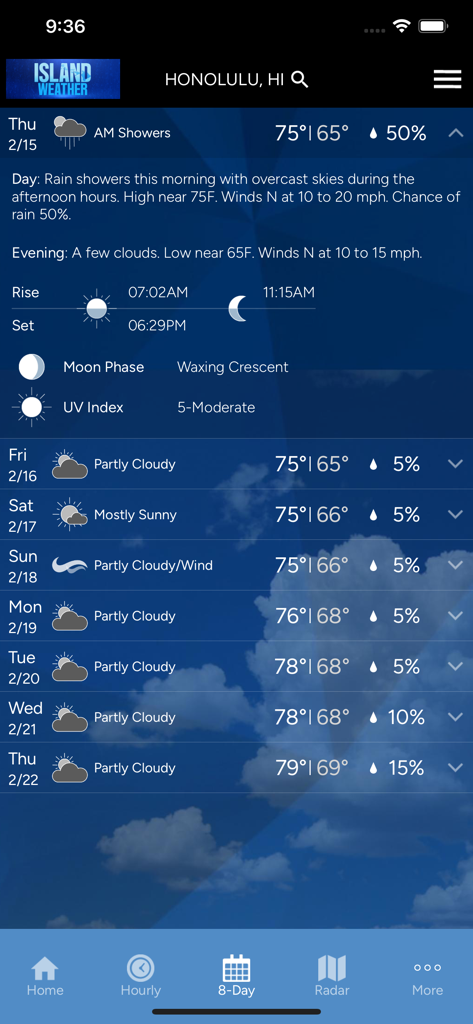 Island Weather - KITV4 - Island Weather KITV4 mobile app showing the 8 day weather forecast for Honolulu Hawaii