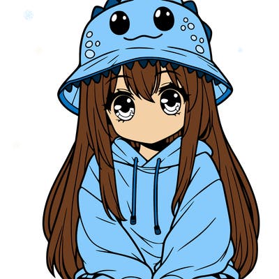 girl with anime shaped eyes with a dinosaur bucket hat oversized sweatshirt long straight hair