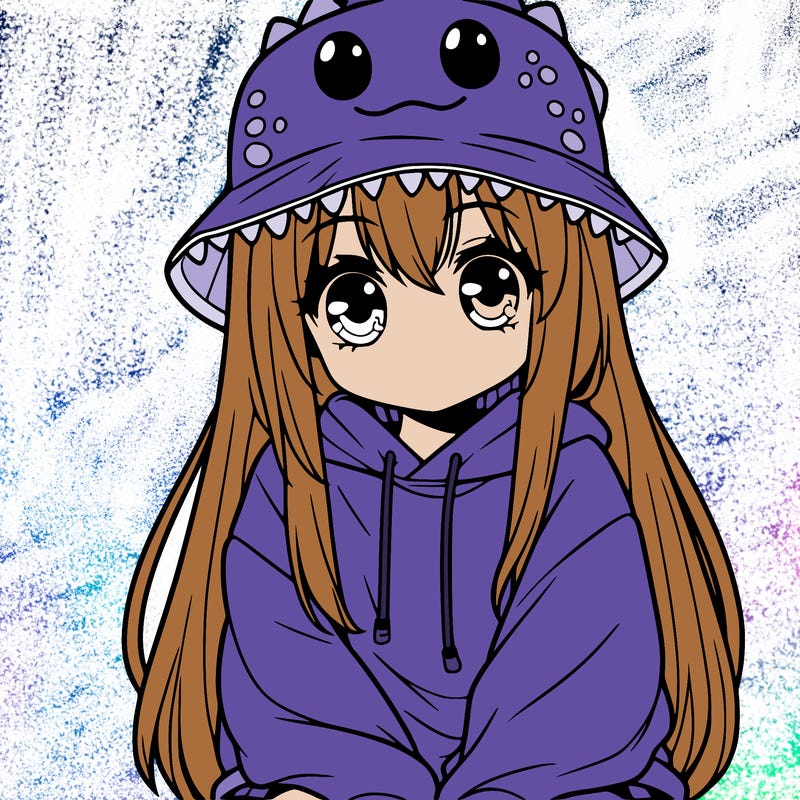 girl with anime shaped eyes with a dinosaur bucket hat oversized sweatshirt long straight hair