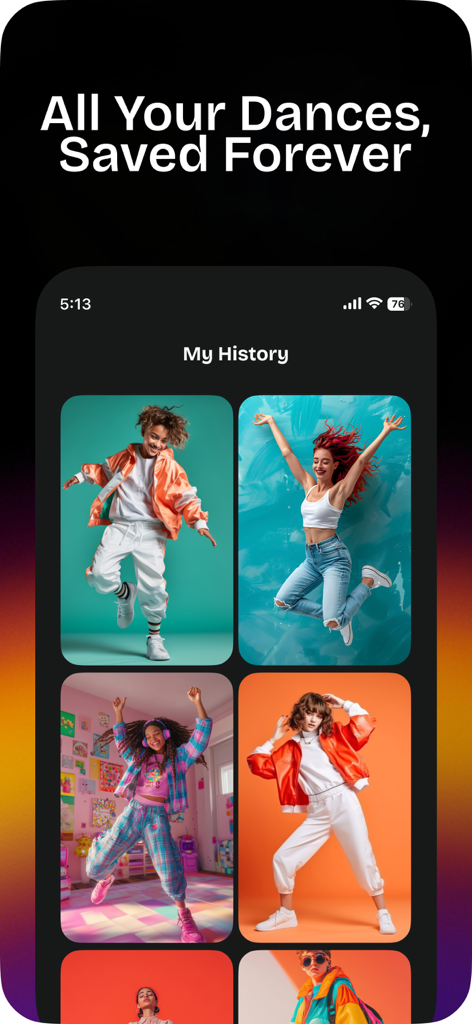 Yeah: AI Dance Video Generator - La pantalla Mi Historial de la app Yeah AI Dance Video Generator mostrando una cuadrícula de videos de baile guardados.