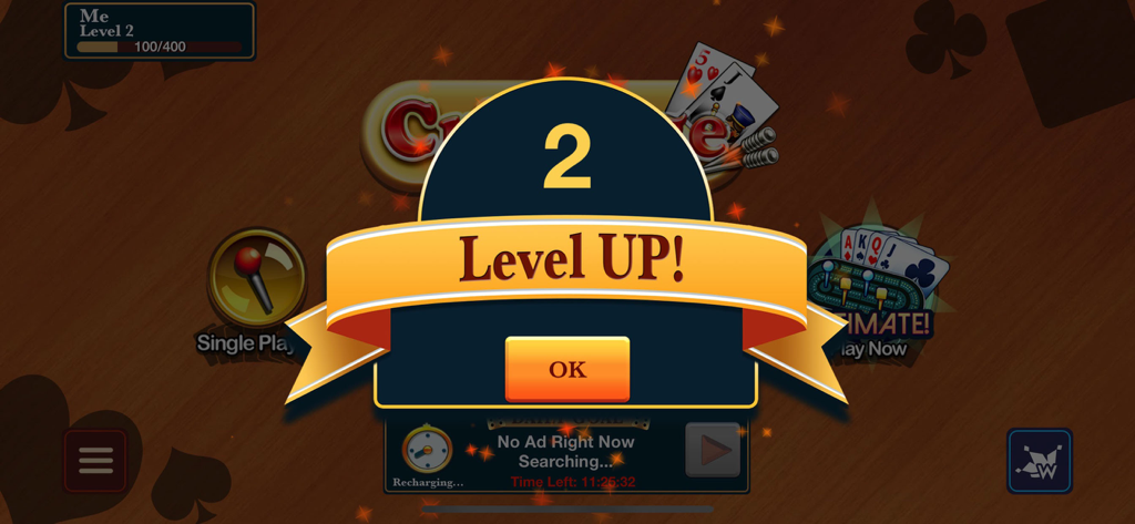 Cribbage - Crib & Peg Game - Uma janela de notificação Level UP mostrando o progresso de nível dois no aplicativo de jogo móvel Cribbage