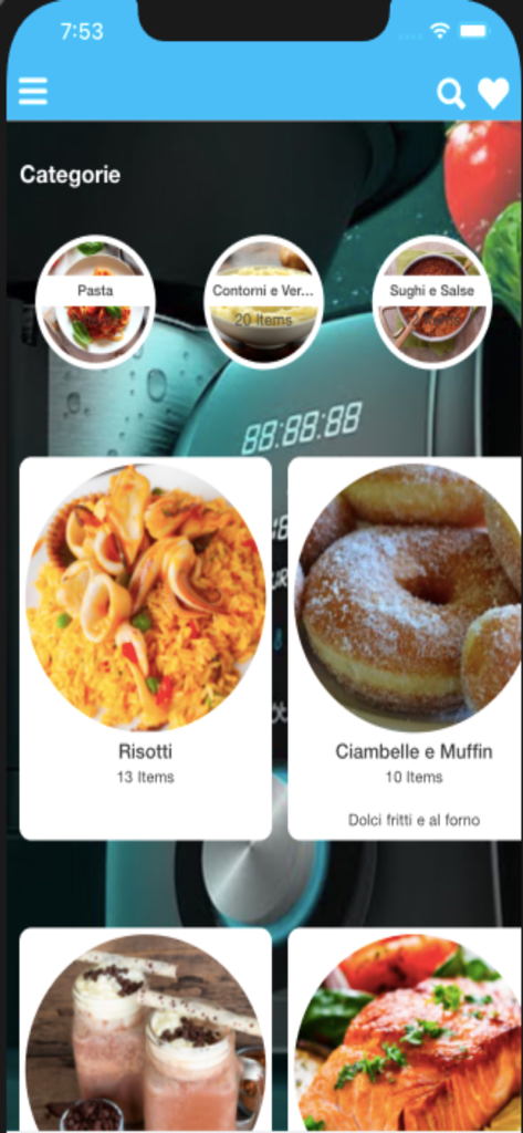 Screenshot of Ricette per Mambo app interface displaying various food recipe categories like pasta risotto and desserts