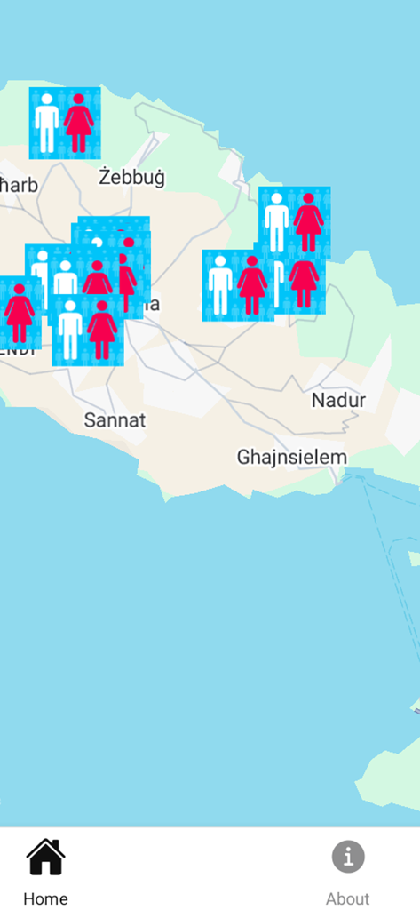 Map view showing several public toilet locations in Gozo Malta with male and female restroom icons
