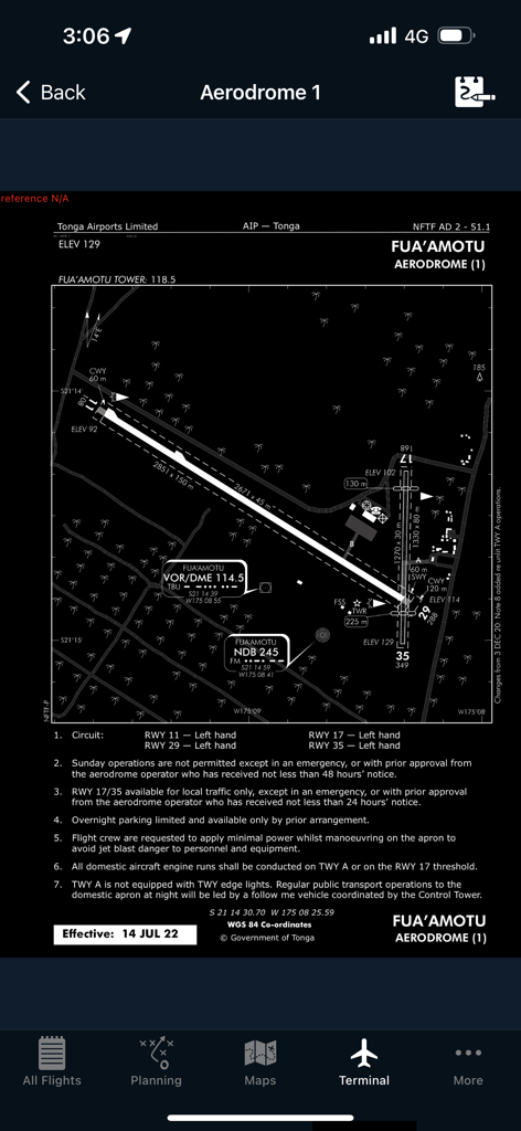 Detailed aerodrome diagram for Fuaamotu airport within the AvPlan EFB terminal interface