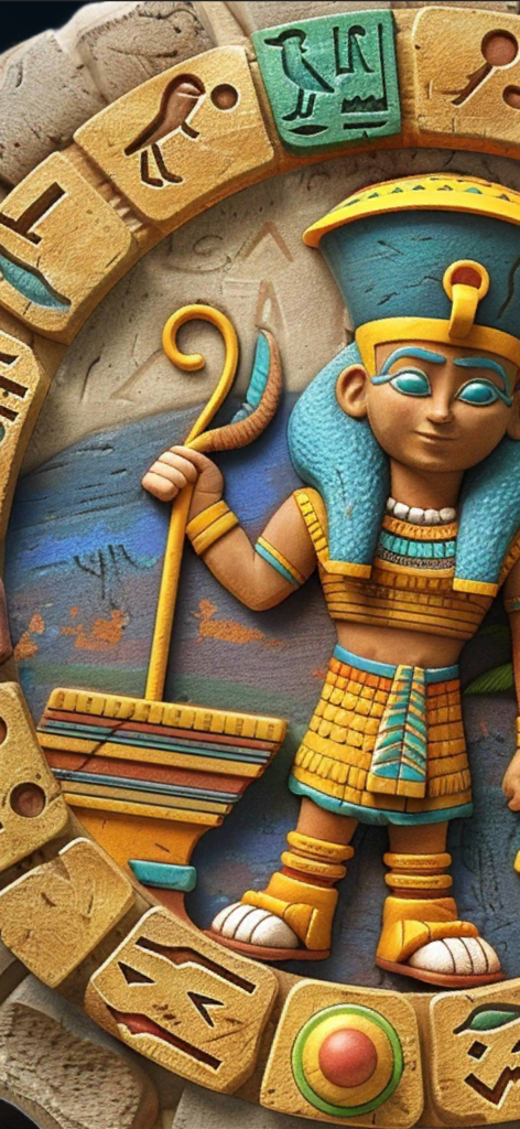 Tomb Trek Match & Merge - Ancient Egyptian pharaoh character with golden staff and hieroglyphs on stone