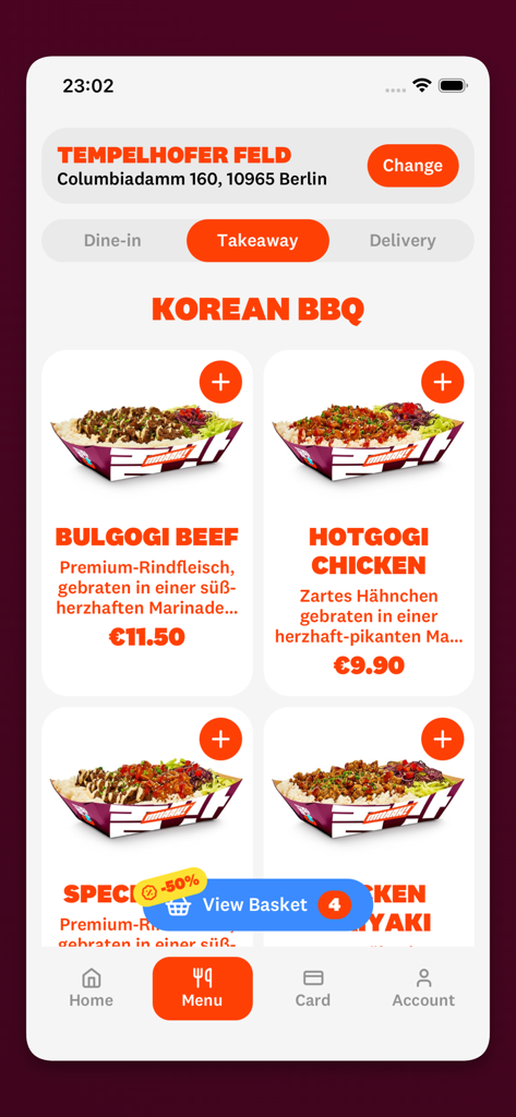 Mmaah! - Eat Korean - Mmaah app menu screen featuring Korean BBQ dishes like Bulgogi Beef and Hotgogi Chicken