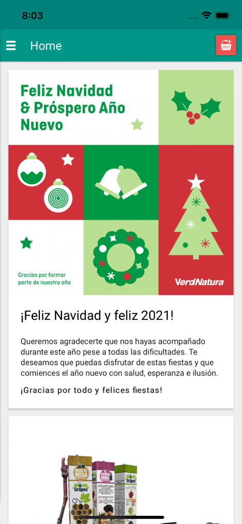 Verdnatura - Écran d'accueil de l'application Verdnatura affichant un message de vœux pour Noël et le Nouvel An en espagnol