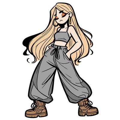 girl in baggy pants crop top and long hair