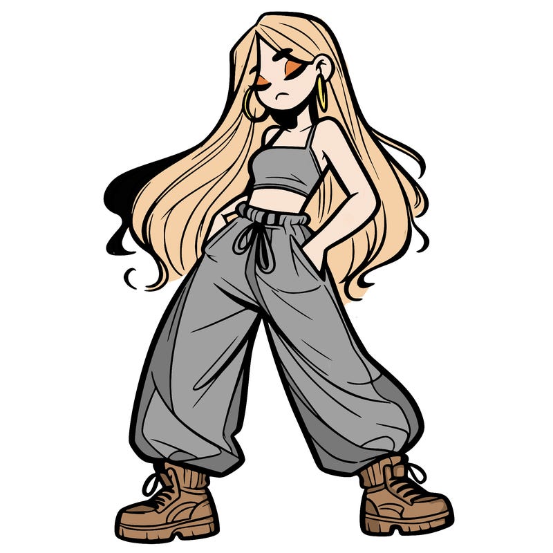 girl in baggy pants crop top and long hair
