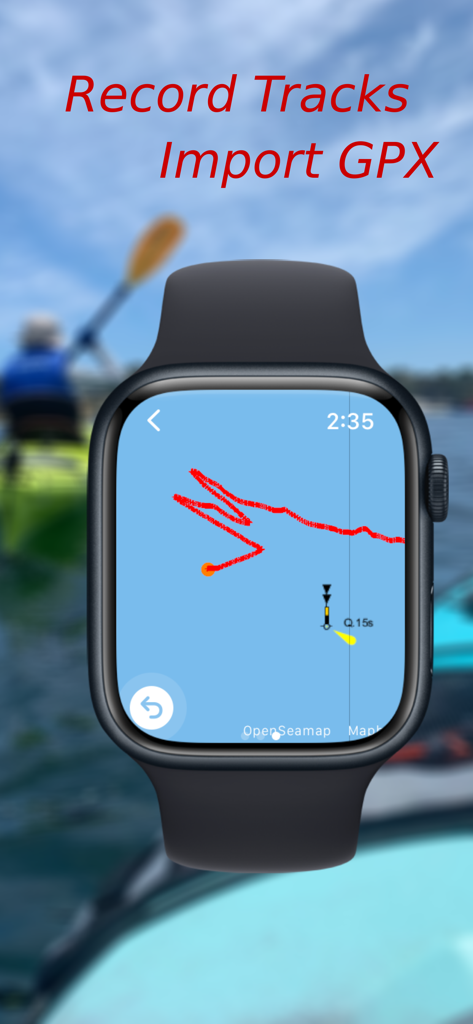 Watch Wayfinder - Apple Watch che visualizza l'app Watch Wayfinder mentre registra una traccia di navigazione su una mappa nautica