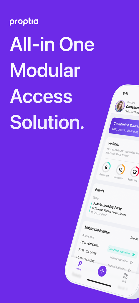 Proptia 2.1 - Proptia app screenshot showing visitor management and mobile access credentials