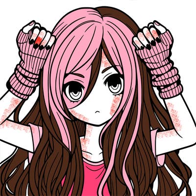long haired girl with fingerless gloves