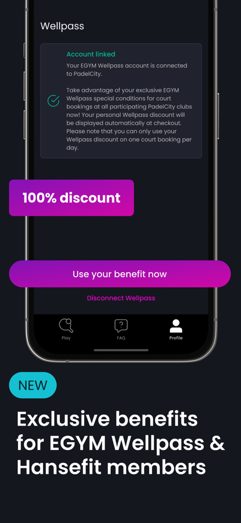 PadelCity – Book Padel Now - Schermata dell'app PadelCity che mostra i vantaggi esclusivi di uno sconto del 100% per i membri EGYM Wellpass e Hansefit