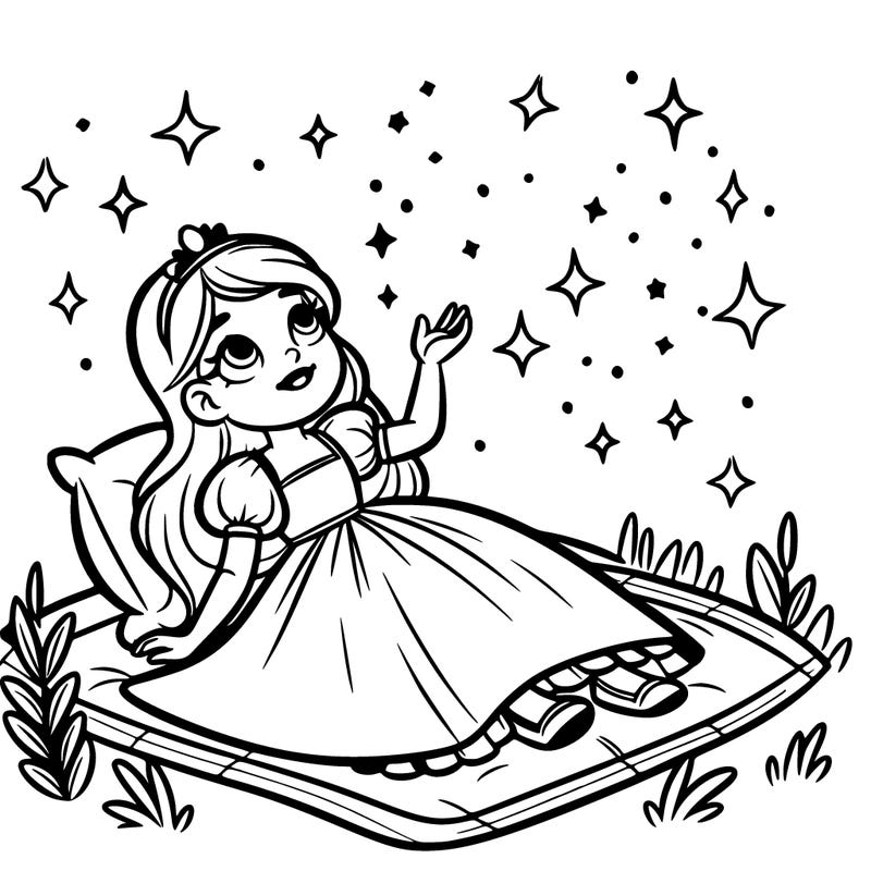 a princess lying on her back on a blanket, looking up at the stars with a dreamy expression.