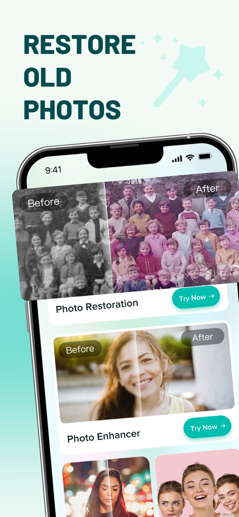 Master Cleaner - Clean Storage - Master Cleaner app interface showing before and after comparisons for photo restoration and enhancement features