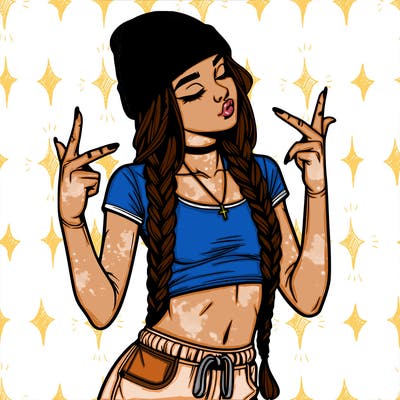 realistic teenage girl with braids and a beanie and crop top doing 🫶🏼