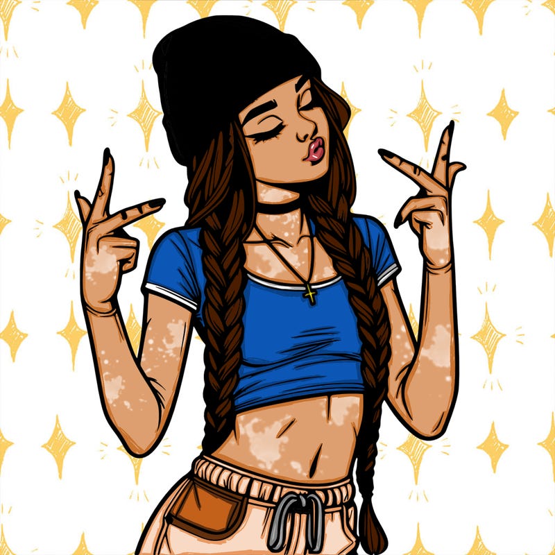 realistic teenage girl with braids and a beanie and crop top doing 🫶🏼