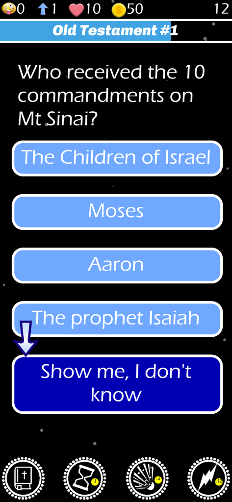 A mobile app screen showing a Bible trivia question about who received the 10 commandments with multiple choice answers.