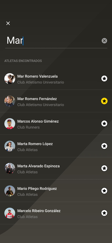GED Sports Live - Pantalla de resultados de búsqueda de atletas en la aplicación GED Sports Live que muestra una lista de corredores y sus clubes deportivos.