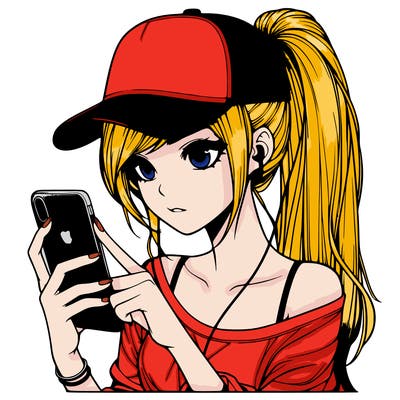 realistic girl with a long ponytail and trucker hat holding an iphone