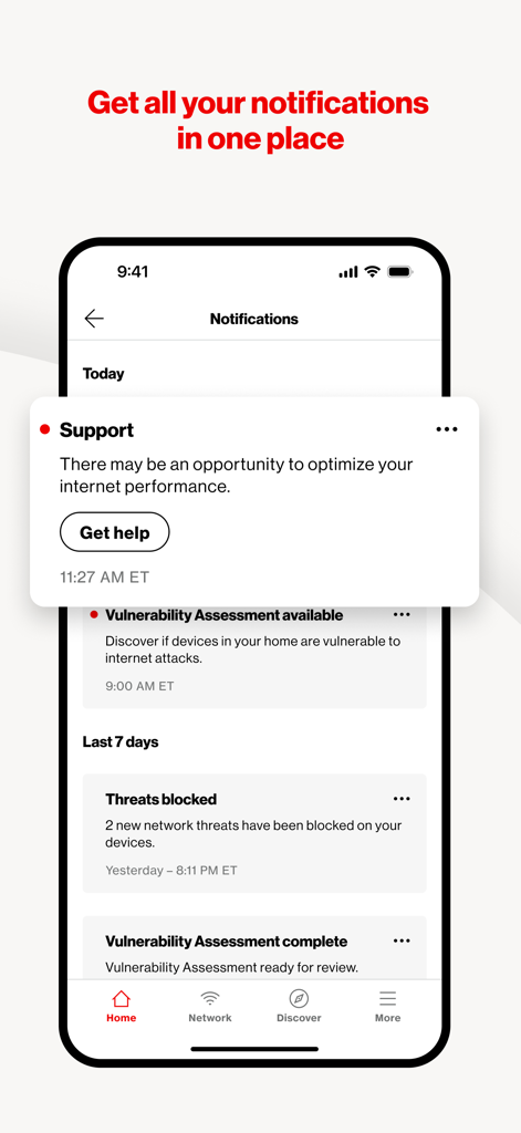 Central de notificações do aplicativo Verizon Home exibindo alertas de suporte de rede e relatórios de vulnerabilidade de segurança