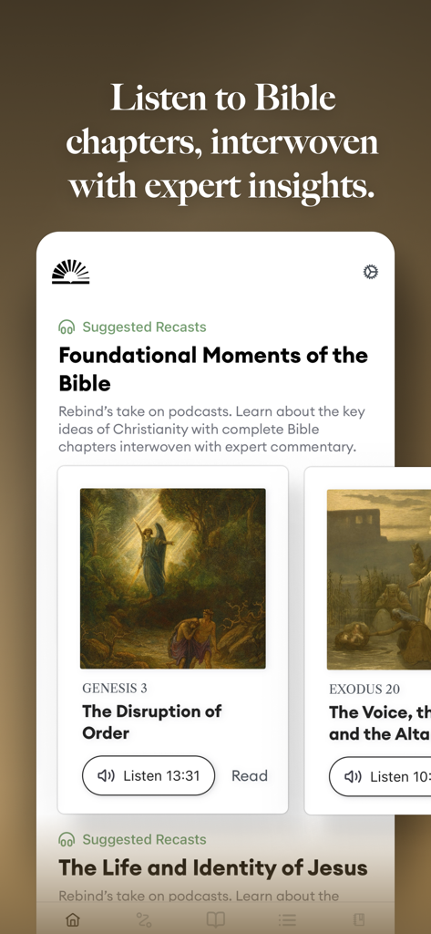 Rebind Study Bible - Rebind Study Bible app interface showing audio Bible chapters with expert insights and suggested recasts