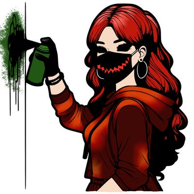 realistic girl with mask spray painting a wall