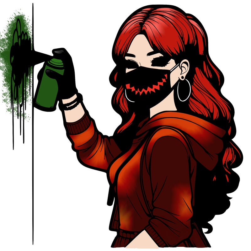 realistic girl with mask spray painting a wall