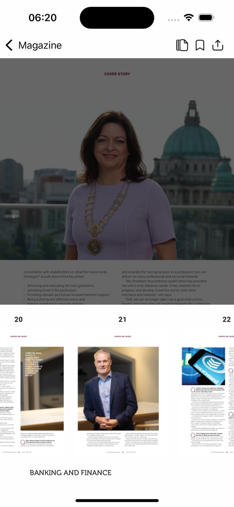 Accountancy Ireland - Digital interface of the Accountancy Ireland magazine app displaying cover story and banking and finance articles