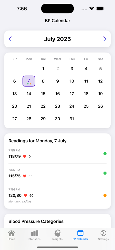 Daily Blood Pressure Log - 毎日の血圧と脈拍の記録が表示されたカレンダーインターフェース