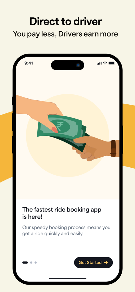 Namma Yatri - Ride Booking App - Onboarding screen of the Namma Yatri app showing an illustration of direct payment to drivers and describing it as the fastest ride booking app.