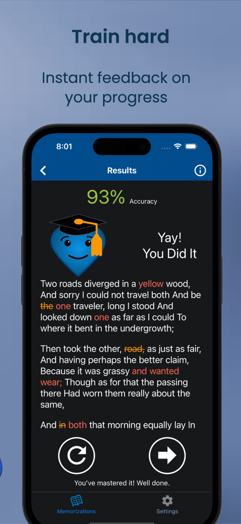 Memorize By Heart - Memorize By Heart app results screen showing 93 percent accuracy for the poem The Road Not Taken