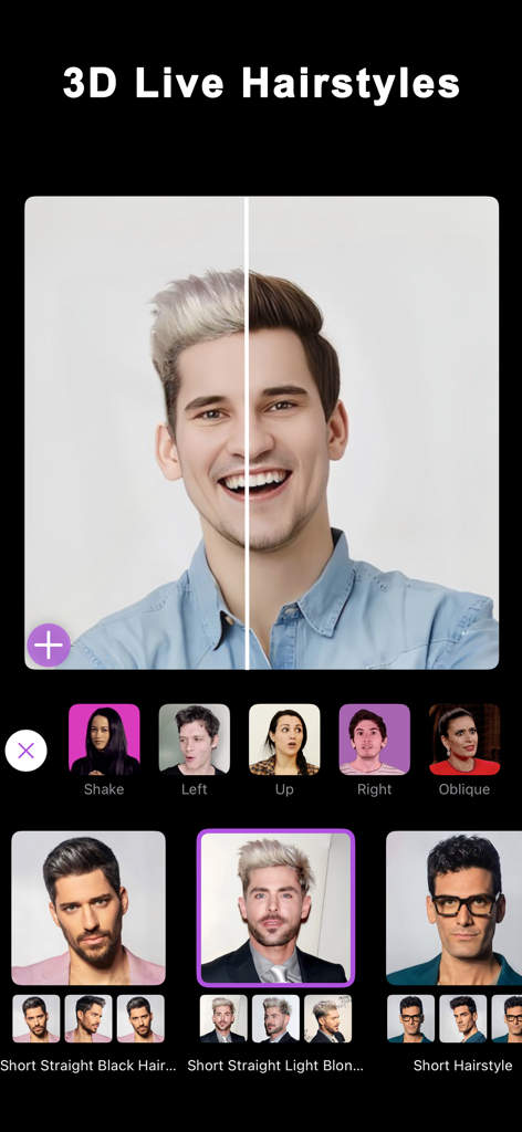 PingHair: AI Hairstyle Changer - Una captura de pantalla de la interfaz de la aplicación PingHair que muestra simulación de peinados 3D en vivo para hombres con varias opciones de color de cabello y ángulo.