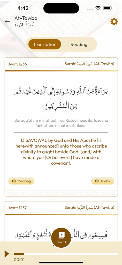 The Quran GPT - The Quran GPT app interface displaying Surah At-Tawba with Arabic text and English translation