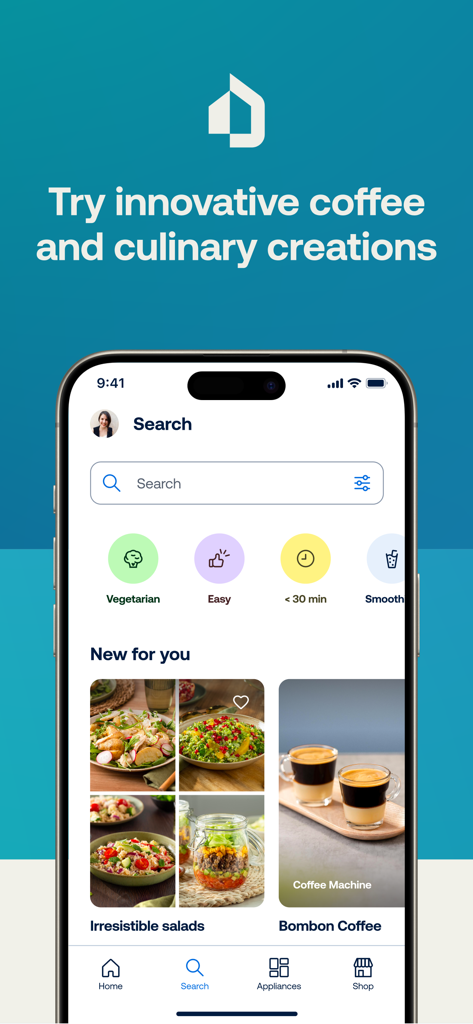 HomeID (Kitchen+) - Schermata di ricerca dell'app HomeID con categorie di ricette come vegetariano e pasti facili, oltre a opzioni per il caffè