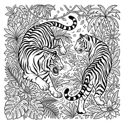 Embark on an exciting coloring journey with this dynamic scene featuring powerful Bengal tigers in their natural jungle habitat. Perfect for teens, this intricate design invites you to bring the wild beauty of these magnificent big cats to life with your favorite colors.