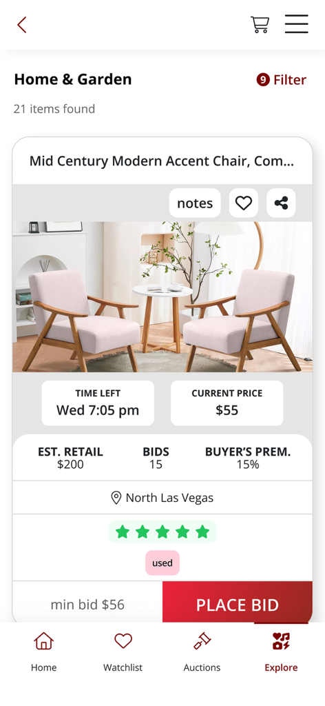 Aplicación móvil Nellis Auction que muestra una página de puja de una silla auxiliar de mediados de siglo moderno en la categoría Hogar y Jardín