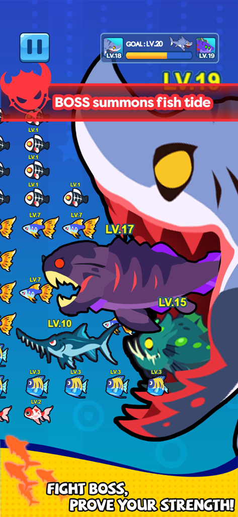 Fish Realm-Ocean Devour - A giant shark boss devouring smaller colorful fish in the Fish Realm mobile game.