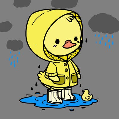 baby duck in a rain coat and boots, in a puddle while it’s raining