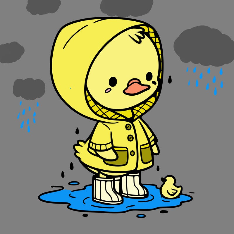 baby duck in a rain coat and boots, in a puddle while it’s raining
