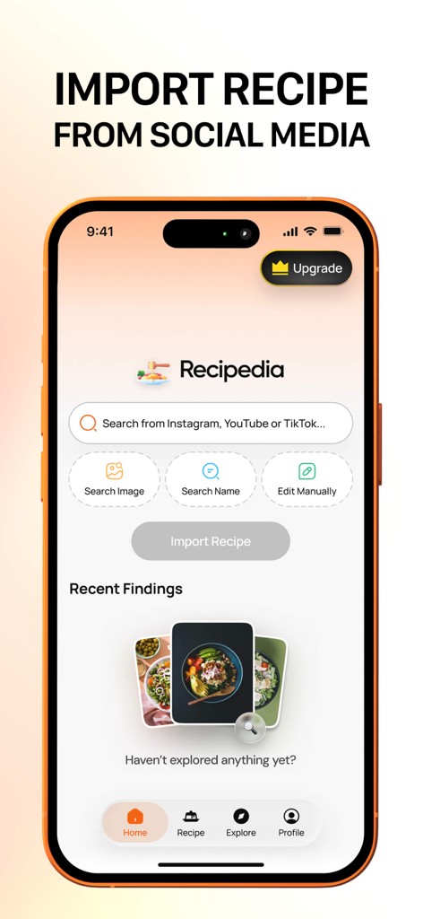 Recipedia app interface showing options to import recipes from Instagram TikTok and YouTube links