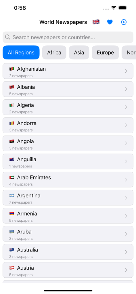 Screenshot of the World News app displaying a searchable list of countries with their flags and newspaper counts.