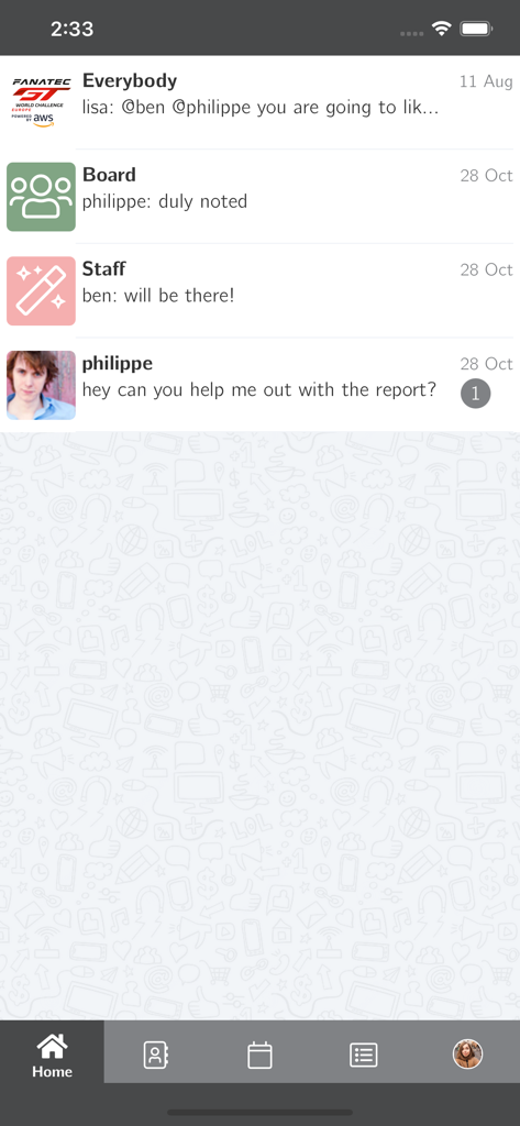 GTWCE pwd by AWS Teams - GT World Challenge Europe team messaging app showing various chat threads