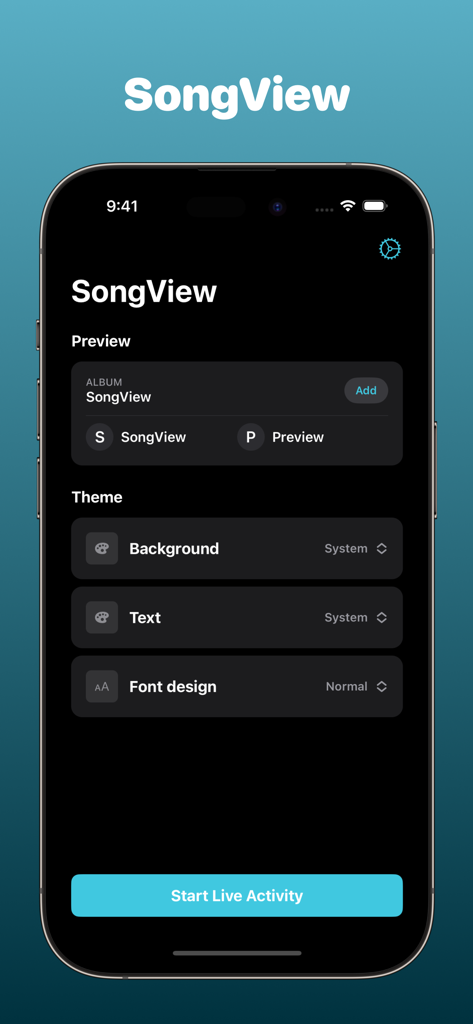 SongView app interface showing music live activity preview and theme settings for background text and font