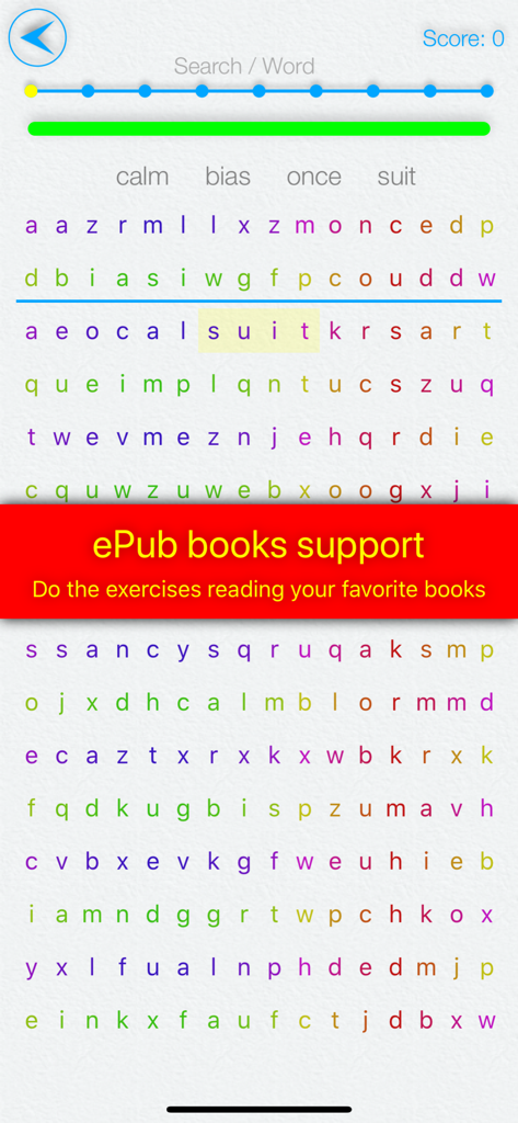 Speed Reading IQ: epub, djvu - Interface of Speed Reading IQ showing a word search training exercise with an epub books support banner