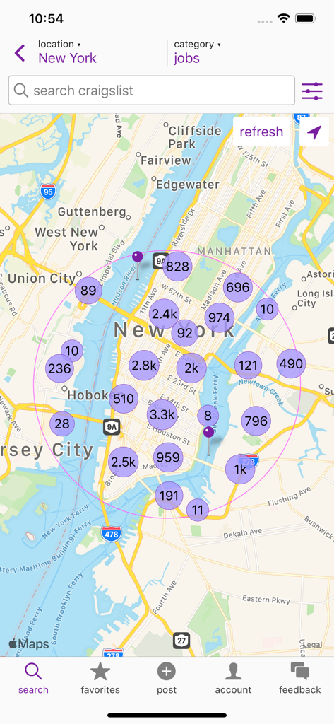 Craigslist iOS app screenshot showing a map of New York with purple markers representing job listing counts across the city.